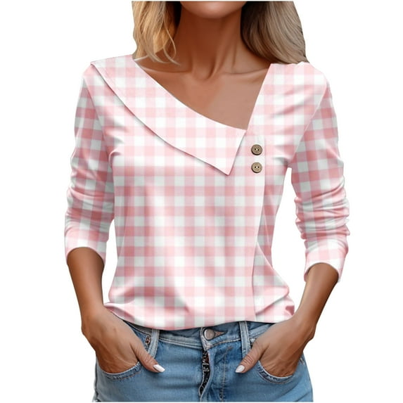 Jewelreauty Women Long Sleeve V Neck Shirts Plaid Retro Print Casual Tunic Tops Summer Going Out Blouses (L, Pink)