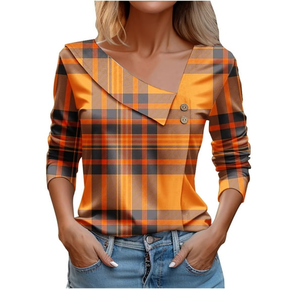 Jewelreauty Women Long Sleeve V Neck Shirts Plaid Retro Print Casual Tunic Tops Summer Going Out Blouses (S, Orange)