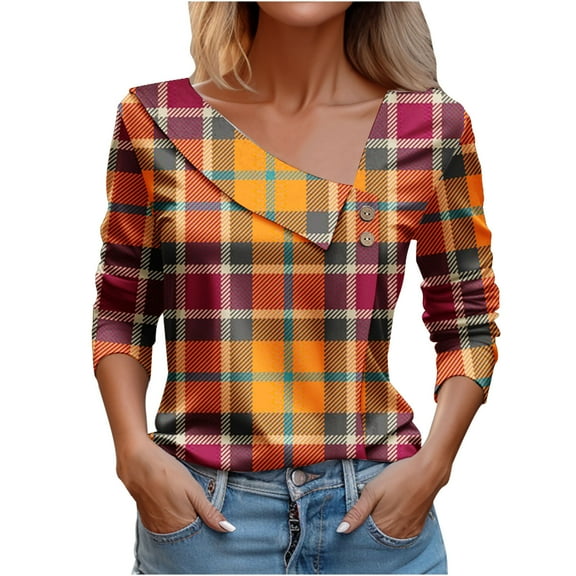 Jewelreauty Women Long Sleeve V Neck Shirts Plaid Retro Print Casual Tunic Tops Summer Going Out Blouses (S, Yellow)