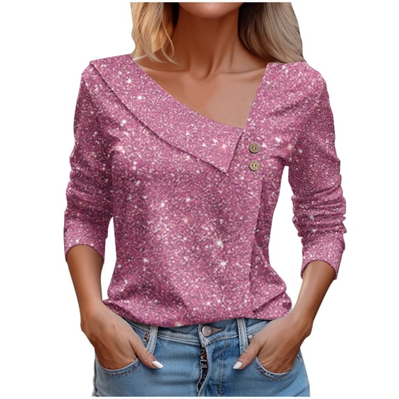 Jewelreauty Women Long Sleeve V Neck Shirts Printed Pullover Casual Button Cozy Tops Lightweight Outdoor Blouses (2XL, Pink-E)