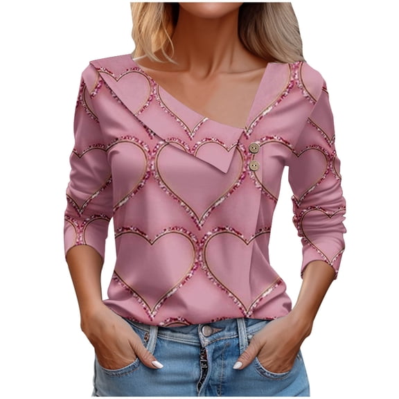 Jewelreauty Women Long Sleeve V Neck Shirts Printed Pullover Casual Button Cozy Tops Lightweight Outdoor Blouses (M, Pink-A)