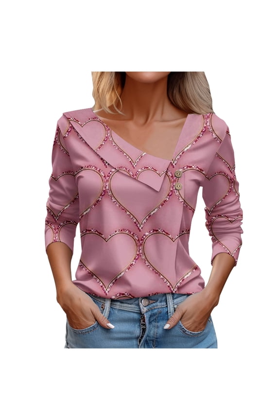Women Long Sleeve V Neck Shirts Printed Pullover Casual Button Cozy Tops Lightweight Outdoor Blouses (M, Pink-A)