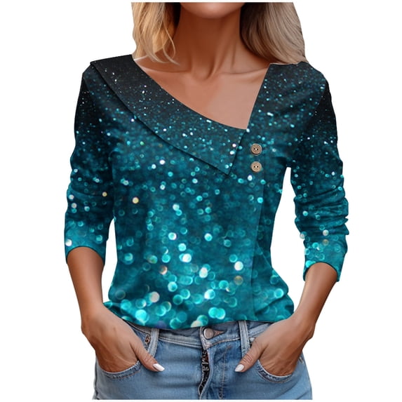 Jewelreauty Women Long Sleeve V Neck Shirts Printed Pullover Casual Button Cozy Tops Lightweight Outdoor Blouses (S, Sky Blue)