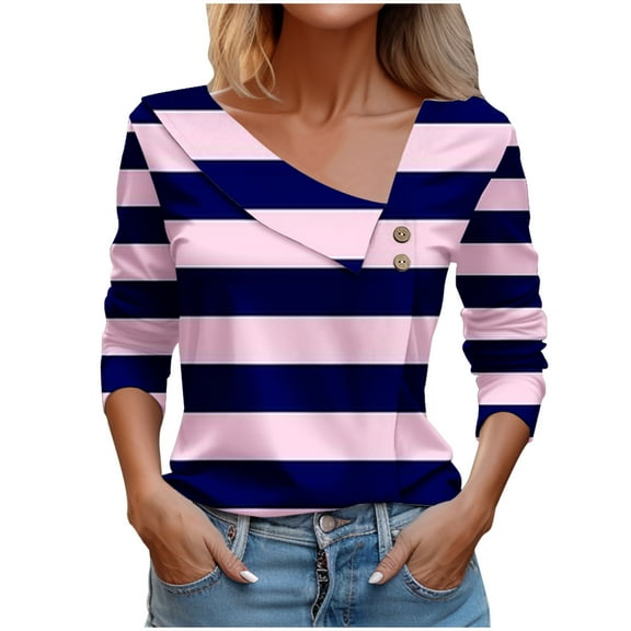 Jewelreauty Women Long Sleeve V Neck Shirts Striped Pullover Casual Button Cozy Tops Lightweight Outdoor Blouses (XL, Pink-B)