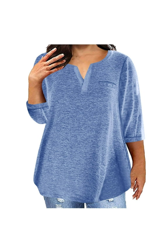 Women Oversized Elbow Length Shirts 3/4 Sleeve V Neck Casual T-Shirts Plus Size Solid Tops with Pocket (2XL, Light Blue)
