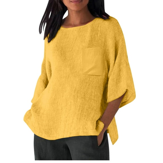 Jewelreauty Women Oversized Patchwork Shirts 3/4 Sleeve Crewneck Casual T-Shirts Summer Elbow Length Tops with Pocket (2XL, Yellow)