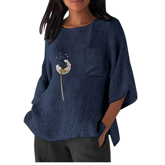 Jewelreauty Women Oversized Patchwork Shirts 3/4 Sleeve Crewneck Casual T-Shirts Summer Elbow Length Tops with Pocket (L, Blue)