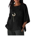 thumbnail image 1 of Jewelreauty Women Oversized Patchwork Shirts 3/4 Sleeve Crewneck Casual T-Shirts Summer Elbow Length Tops with Pocket (S, Black), 1 of 3