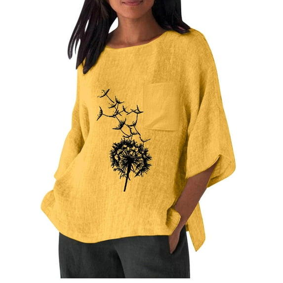 Jewelreauty Women Oversized Patchwork Shirts 3/4 Sleeve Crewneck Casual T-Shirts Summer Elbow Length Tops with Pocket (S, Yellow)