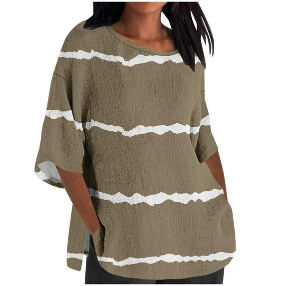 Jewelreauty Women Oversized Patchwork Shirts 3/4 Sleeve Crewneck Cute Print Tops Summer Casual Elbow Length T-Shirts (3XL, Brown)