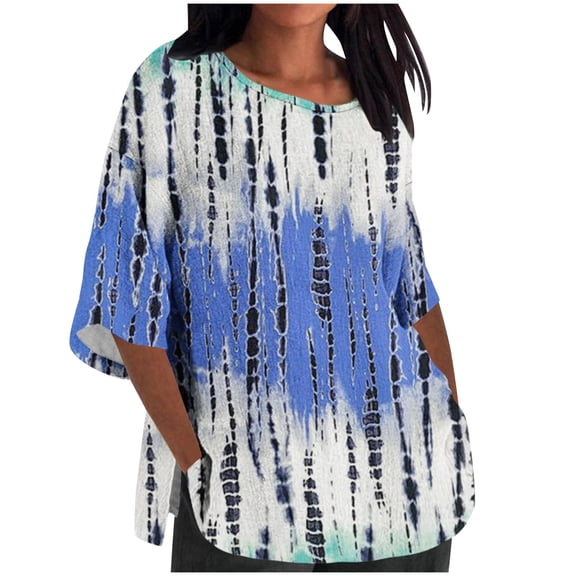 Jewelreauty Women Oversized Patchwork Shirts 3/4 Sleeve Crewneck Cute Print Tops Summer Casual Elbow Length T-Shirts (4XL, Blue)
