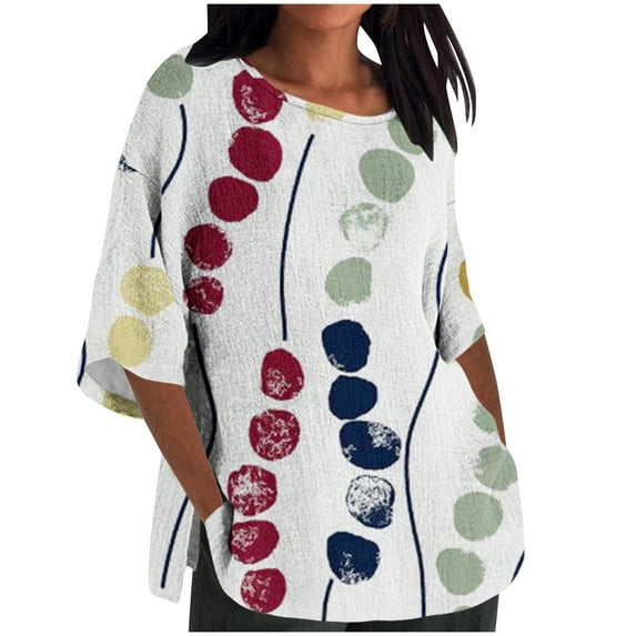 Jewelreauty Women Oversized Patchwork Shirts 3/4 Sleeve Crewneck Cute Print Tops Summer Casual Elbow Length T-Shirts (4XL, Red)