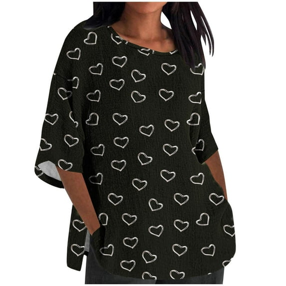 Jewelreauty Women Oversized Patchwork Shirts 3/4 Sleeve Crewneck Cute Print Tops Summer Casual Elbow Length T-Shirts (L, Black)