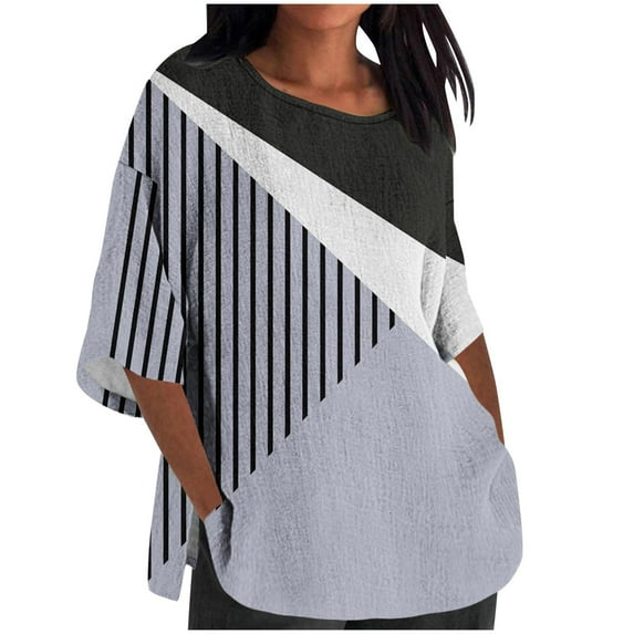 Jewelreauty Women Oversized Patchwork Shirts 3/4 Sleeve Crewneck Cute Print Tops Summer Casual Elbow Length T-Shirts (M, Gray)