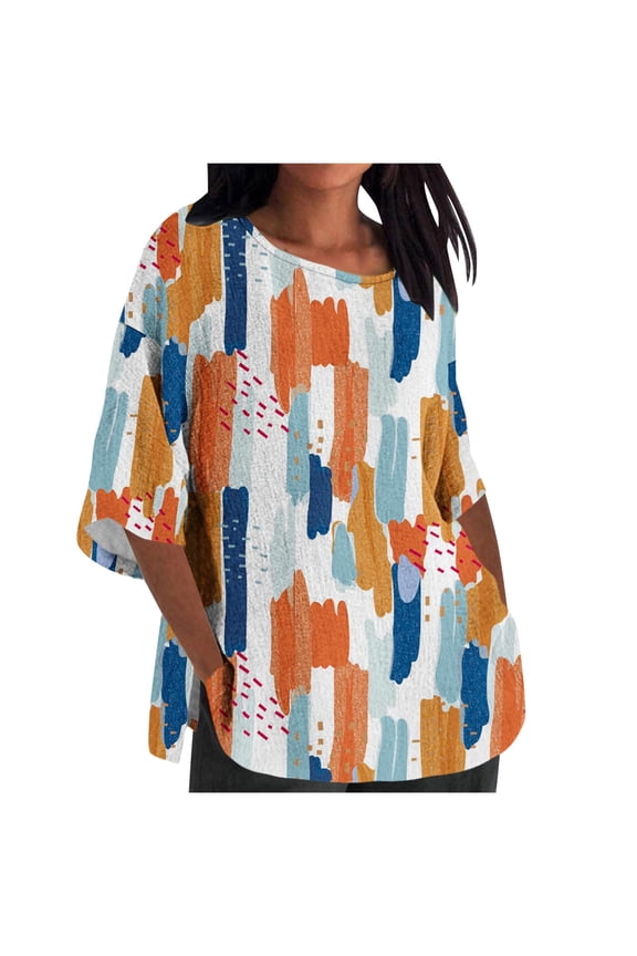 Women Oversized Patchwork Shirts 3/4 Sleeve Crewneck Cute Print Tops Summer Casual Elbow Length T-Shirts (M, Orange)