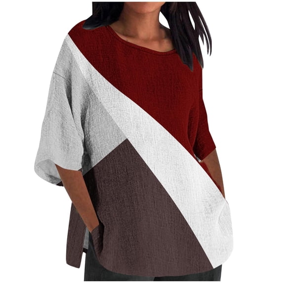 Jewelreauty Women Oversized Patchwork Shirts 3/4 Sleeve Crewneck Cute Print Tops Summer Casual Elbow Length T-Shirts (M, Wine)