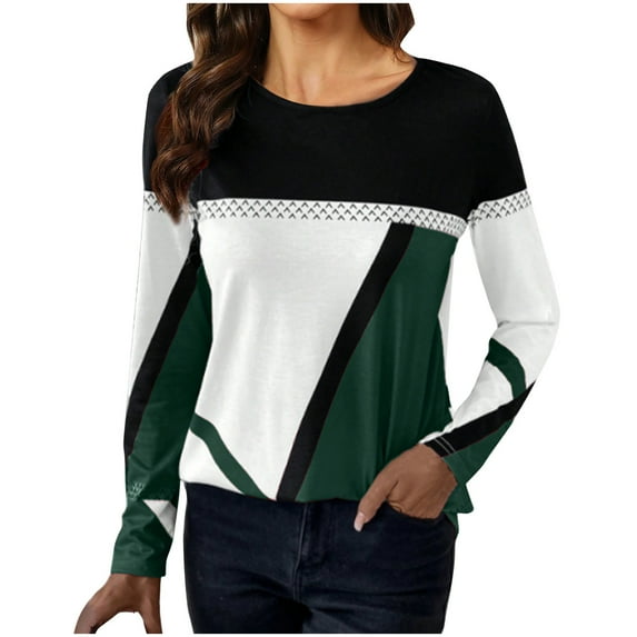 Jewelreauty Women Patchwork Long Sleeve Shirts Geometric Round Neck Casual Tops Pullover Tunic Tee Blouses (2XL, Army Green)