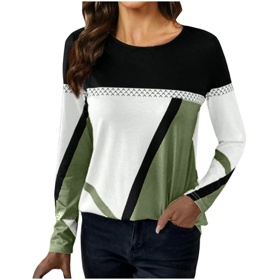 Jewelreauty Women Patchwork Long Sleeve Shirts Geometric Round Neck Casual Tops Pullover Tunic Tee Blouses (L, Green)