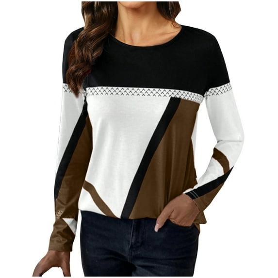 Jewelreauty Women Patchwork Long Sleeve Shirts Geometric Round Neck Casual Tops Pullover Tunic Tee Blouses (XL, Brown)