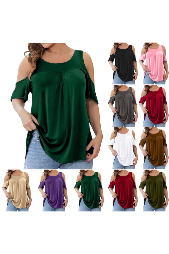 Women Plus Size Cold Shoulder Tops Short Sleeve Round Neck Tunic Tees Summer Casual Blouses (3XL, Green)