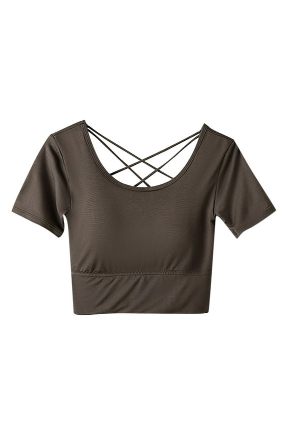 Women Plus Size Crop Tops Summer Short Sleeve Criss Cross Back Tees Casual Slim Fitting Shirts (M, Coffee)