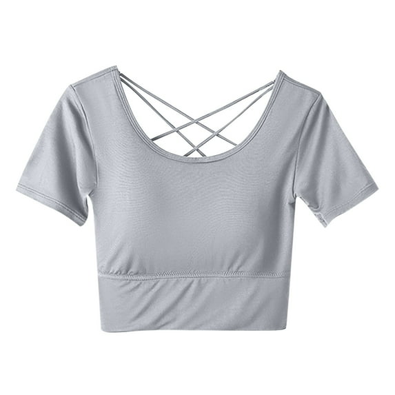 Jewelreauty Women Plus Size Crop Tops Summer Short Sleeve Criss Cross Back Tees Casual Slim Fitting Shirts (M, Gray)