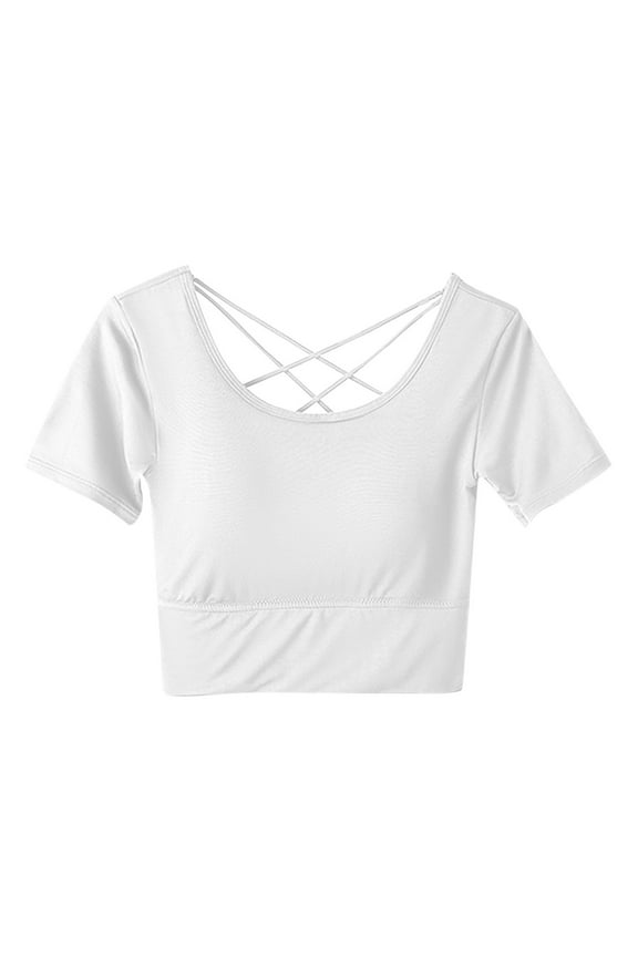 Women Plus Size Crop Tops Summer Short Sleeve Criss Cross Back Tees Casual Slim Fitting Shirts (XL, White)