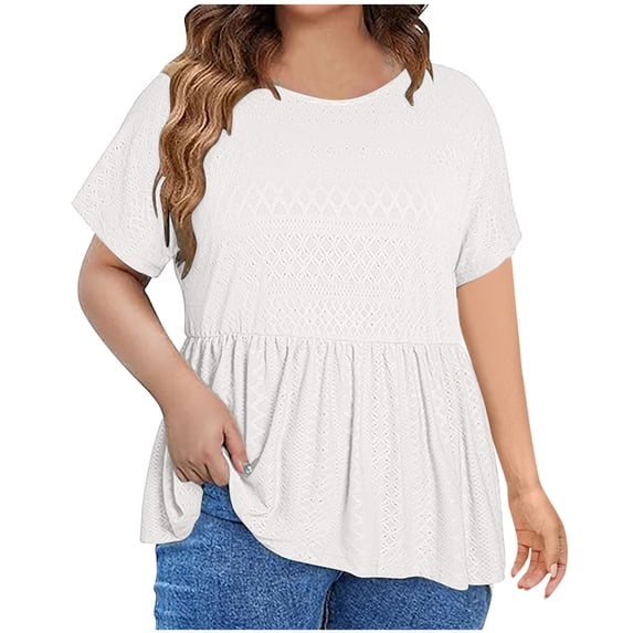 Jewelreauty Women Plus Size Eyelet Tops Short Sleeve Round Neck Flowy Hem Shirts Summer Cozy Tunic Blouses (XL, White)
