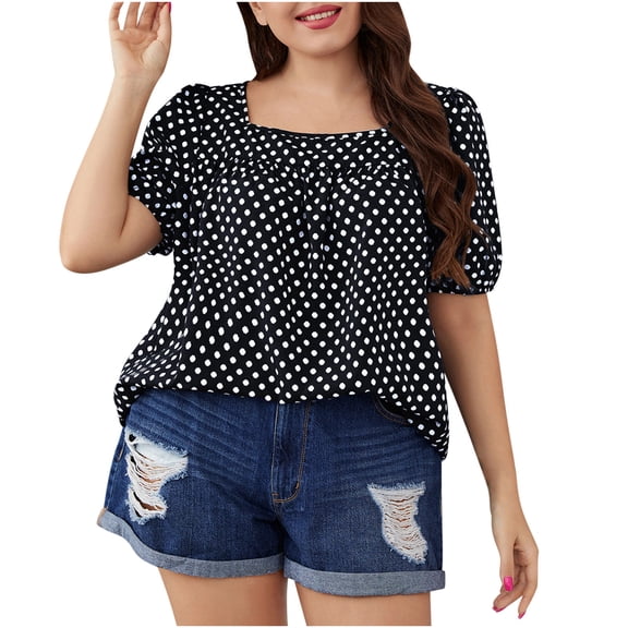Jewelreauty Women Plus Size Polka Dot Tops Puff Short Sleeve Square Neck Chiffon Blouses Casual Tunic Tee (3XL, Black)
