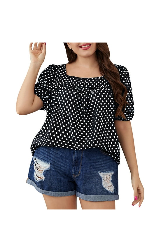 Women Plus Size Polka Dot Tops Puff Short Sleeve Square Neck Chiffon Blouses Casual Tunic Tee (3XL, Black)