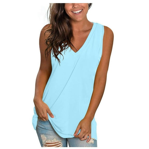 Jewelreauty Women Plus Size Sleeveless Tank Tops Summer Casual V Neck Tee Shirts Solid Basic Tunic Blouses (3XL, Light Blue)