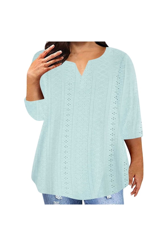 Women Plus Size Summer Eyelet Tops Casual Notch Neck Elbow Length Tunic Blouses Shirts