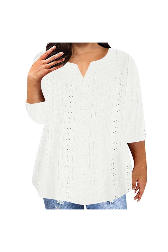 Women Plus Size Summer Eyelet Tops Casual Notch Neck Elbow Length Tunic Blouses Shirts