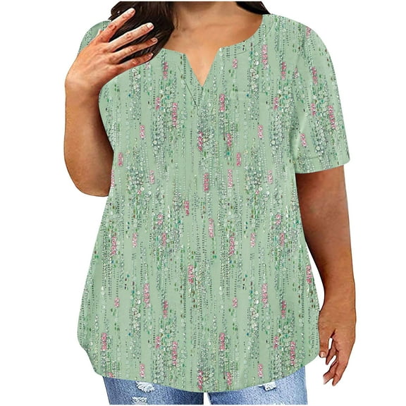 Jewelreauty Women Plus Size Summer Tops Casual Notch Neck Short Sleeve Print Tunic Blouses Shirts