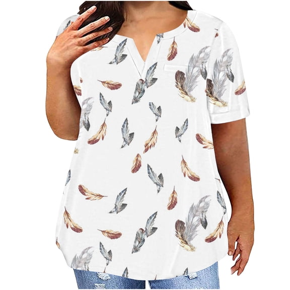 Jewelreauty Women Plus Size Summer Tops Casual Notch Neck Short Sleeve Print Tunic Blouses Shirts