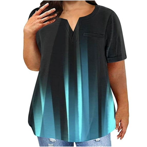 Jewelreauty Women Plus Size Summer Tops Casual Notch Neck Short Sleeve Print Tunic Blouses Shirts
