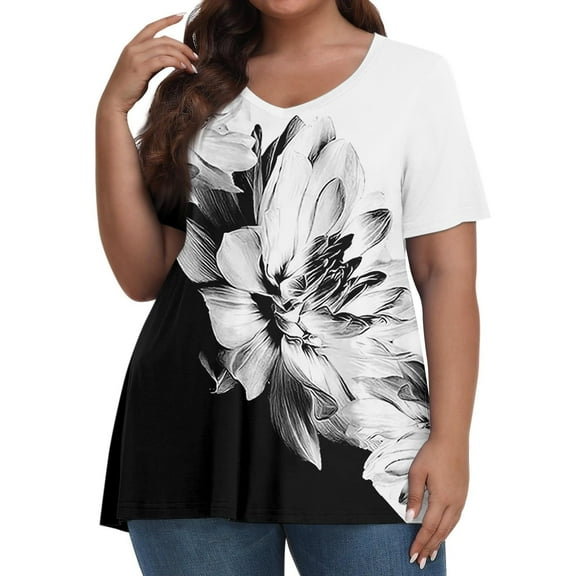 Jewelreauty Women Plus Size Summer Tops Casual V Neck Short Sleeve Tunic Floral Blouses Shirts