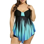 Jewelreauty Women Plus Size Swim Dress Bathing Suits Print Hanky Hem Tankini Tops with Boyshorts 2 Piece Sets (L, Light Blue)