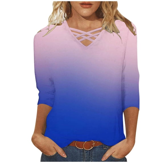 Jewelreauty Women Plus Size Tunic Tops Elbow Length Criss Cross Floral T-Shirts Summer Casual Tee