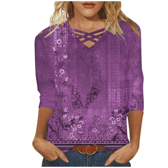 Jewelreauty Women Plus Size Tunic Tops Elbow Length Criss Cross Floral T-Shirts Summer Casual Tee