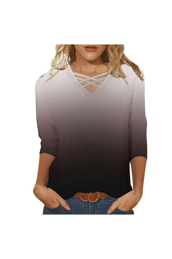 Women Plus Size Tunic Tops Elbow Length Criss Cross Floral T-Shirts Summer Casual Tee