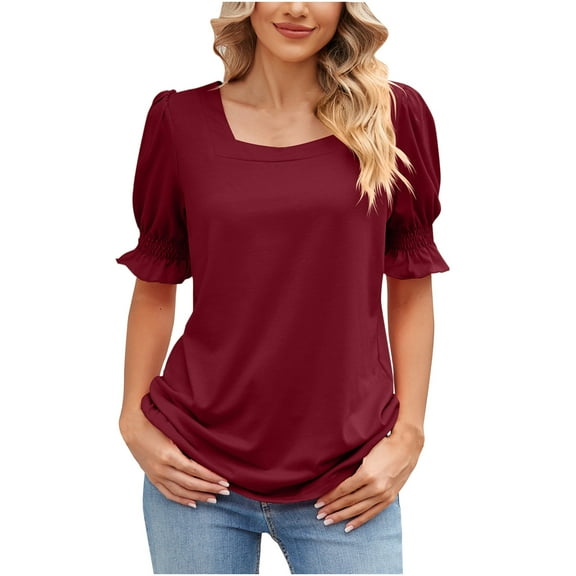 Jewelreauty Women Puff Sleeve T-Shirts Square Neck Short Sleeve Pullover Shirts Casual Solid Going Out Tops (L, Wine)