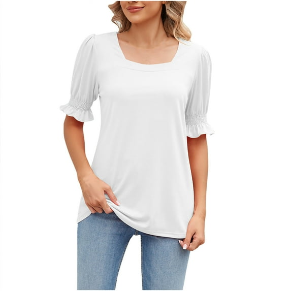 Jewelreauty Women Puff Sleeve T-Shirts Square Neck Short Sleeve Pullover Shirts Casual Solid Going Out Tops (S, White)