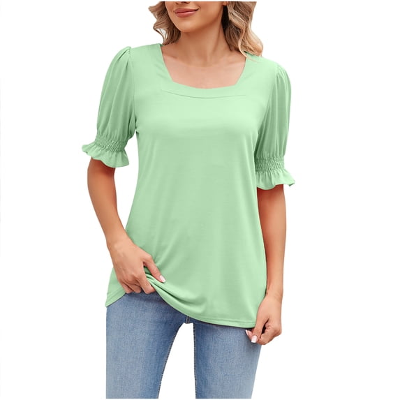Jewelreauty Women Puff Sleeve T-Shirts Square Neck Short Sleeve Pullover Shirts Casual Solid Going Out Tops (XL, Mint Green)