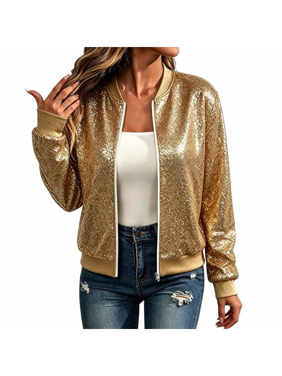 Women Sequins Bomber Jackets with Ribbed Detail, Long Sleeve Full Zip Party Disco Shiny Sparkly Coat (L, Khaki)