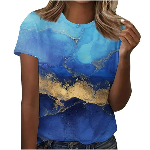 Jewelreauty Women Shirts Short Sleeve Round Neck Printed Basic Going Out T-Shirts 2025 Pullover Basic Tops (S, Blue)