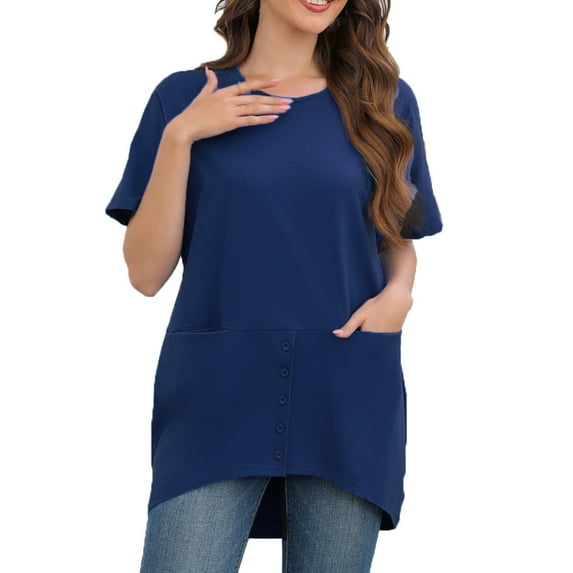 Jewelreauty Women Short Sleeve Shirts Loose Round Neck Solid Color Curve Hem Tops Casual Pullover Blouses with Pockets (L, Navy)