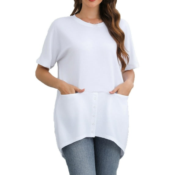 Jewelreauty Women Short Sleeve Shirts Loose Round Neck Solid Color Curve Hem Tops Casual Pullover Blouses with Pockets (S, White)