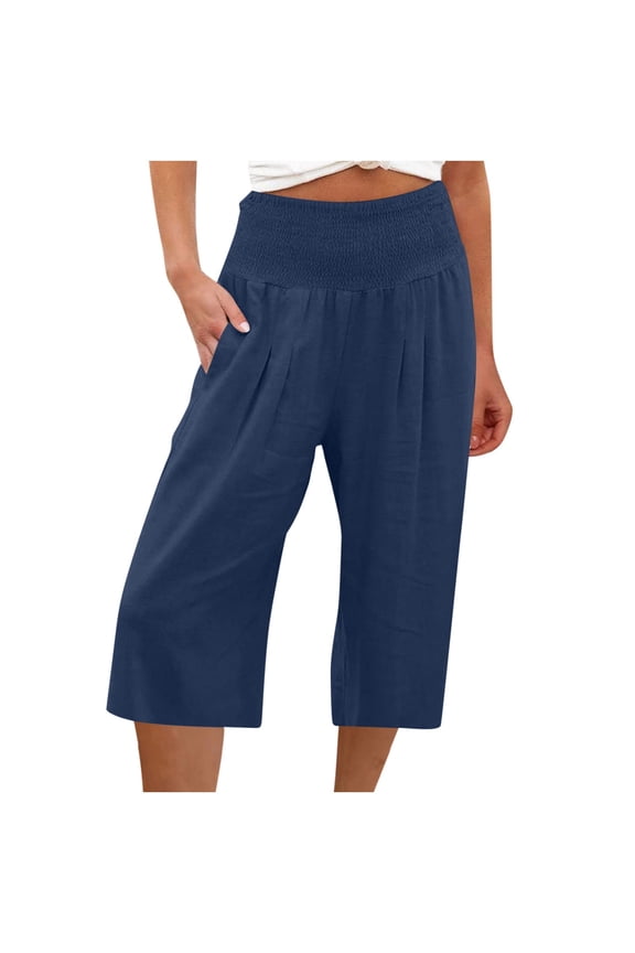 Women Smocked High Waisted Capris Pants Casual Cotton Linen Trousers Summer Wide Leg Cozy Pants (M, Dark Blue)