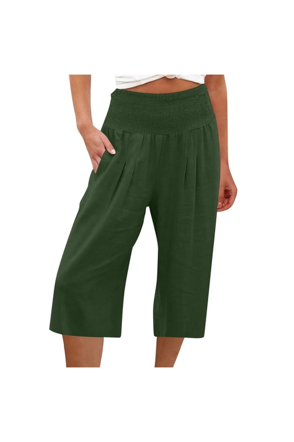 Women Smocked High Waisted Capris Pants Casual Cotton Linen Trousers Summer Wide Leg Cozy Pants (M, Green)